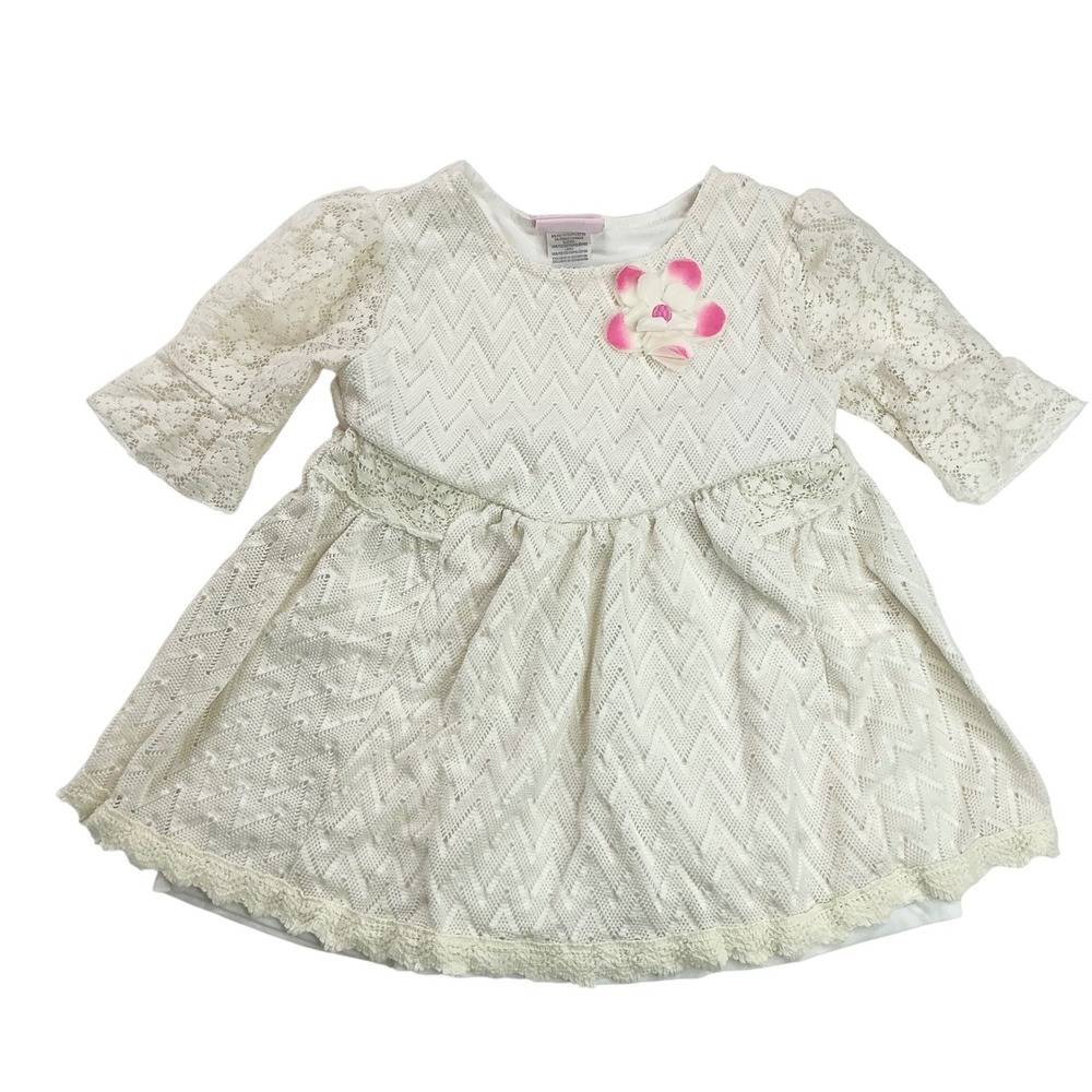 Little Lass Ivory Lace Chevron Dress Kids 6X Floral Applique 3/4 Sleeve